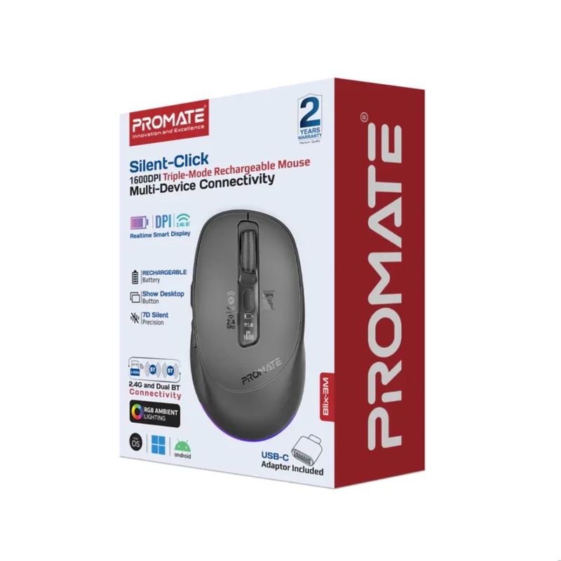 Promate Blix-3M.Black Silent-Click Triple-Mode Rechargeable Mouse