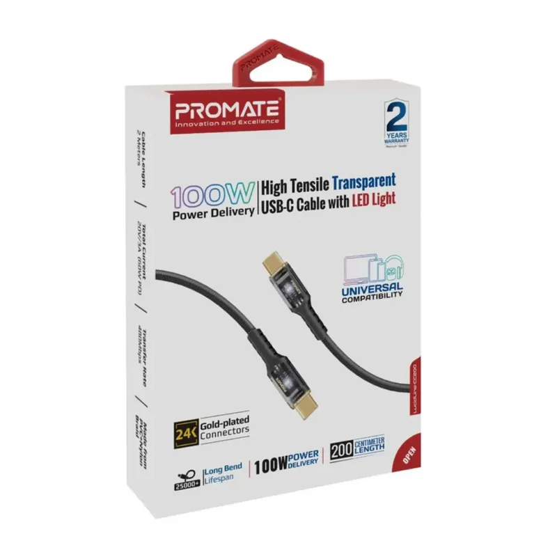 Promate LucidLine-CC200 100W Ultra-Fast USB-C Cable with Transparent Shells