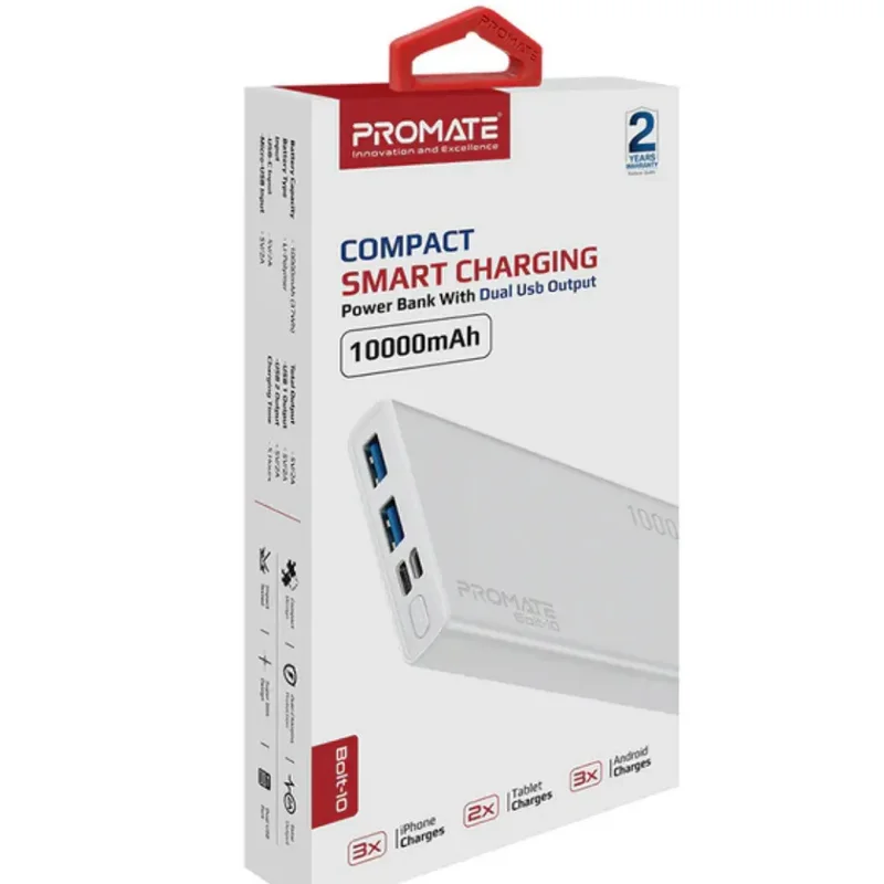 Promate Bolt-10 10000mAh Dual USB Output Power Bank