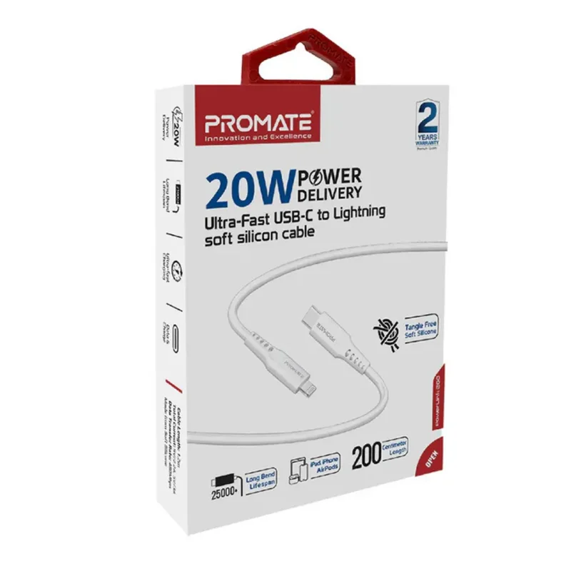 Promate 20W Power Delivery Fast Charging USB-C to Lightning Cable