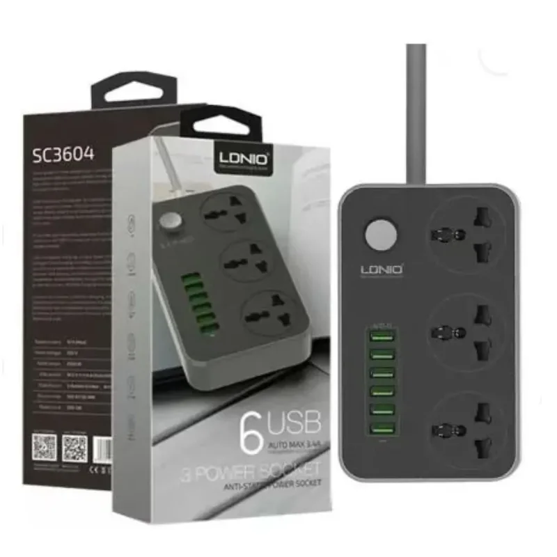 LDNIO SC3604 Power Strip with 3 Sockets & 6 USB Ports Socket Extension