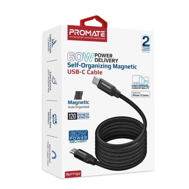 Promate Springy 60W Power Delivery Self-Organizing Magnetic USB-C Cable