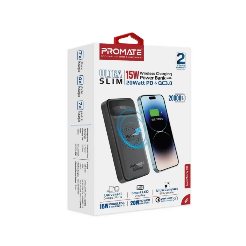 Promate AuraTorq-20 Ultra Slim 15W Wireless Charging Power Bank